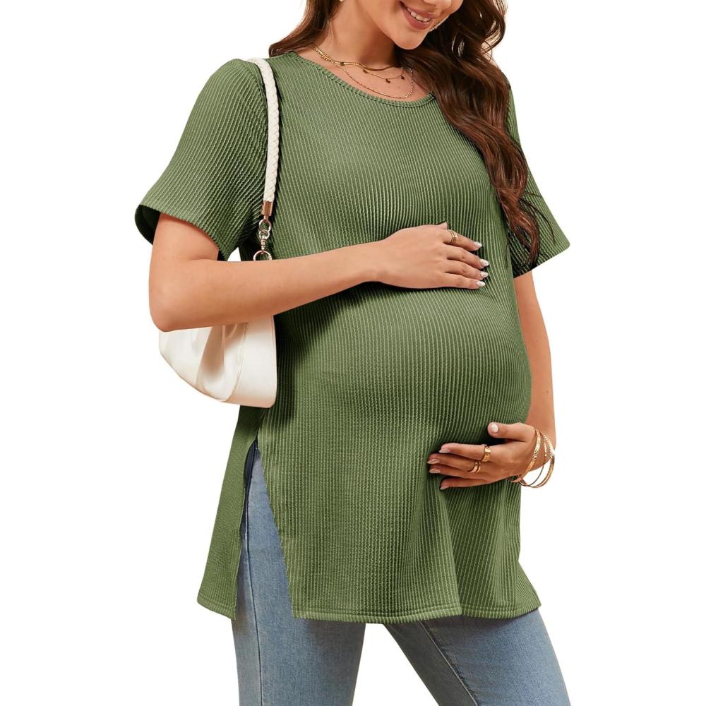 imageTankaneo Womens Maternity T Shirts Summer Ribbed Short Sleeve Tunic Tops Textured Side Split Tee Pregnancy ClothesGreen