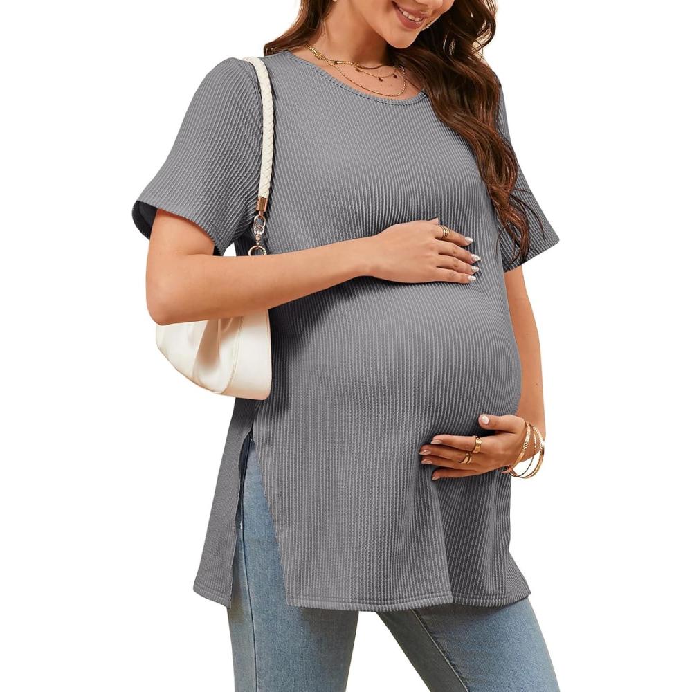imageTankaneo Womens Maternity T Shirts Summer Ribbed Short Sleeve Tunic Tops Textured Side Split Tee Pregnancy ClothesGrey