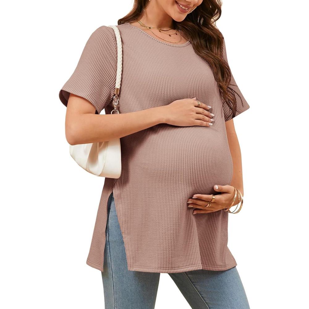 imageTankaneo Womens Maternity T Shirts Summer Ribbed Short Sleeve Tunic Tops Textured Side Split Tee Pregnancy ClothesKhaki