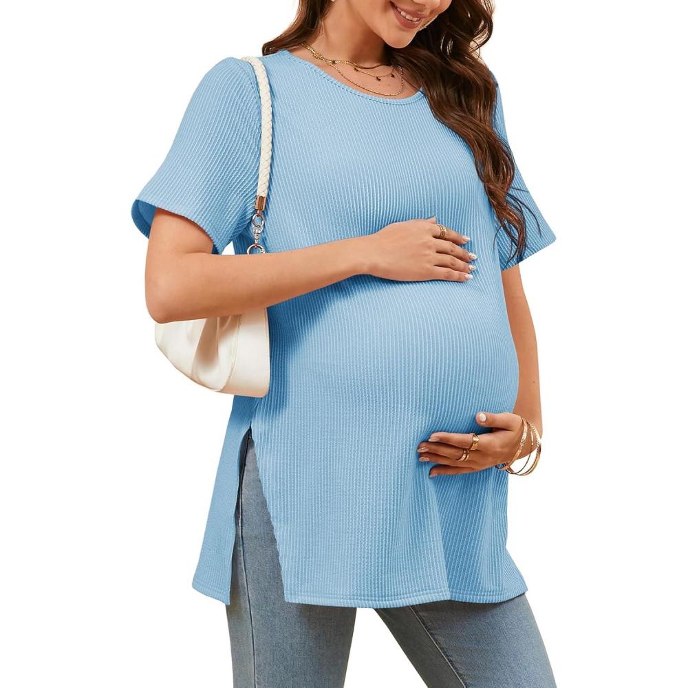 imageTankaneo Womens Maternity T Shirts Summer Ribbed Short Sleeve Tunic Tops Textured Side Split Tee Pregnancy ClothesLight Blue