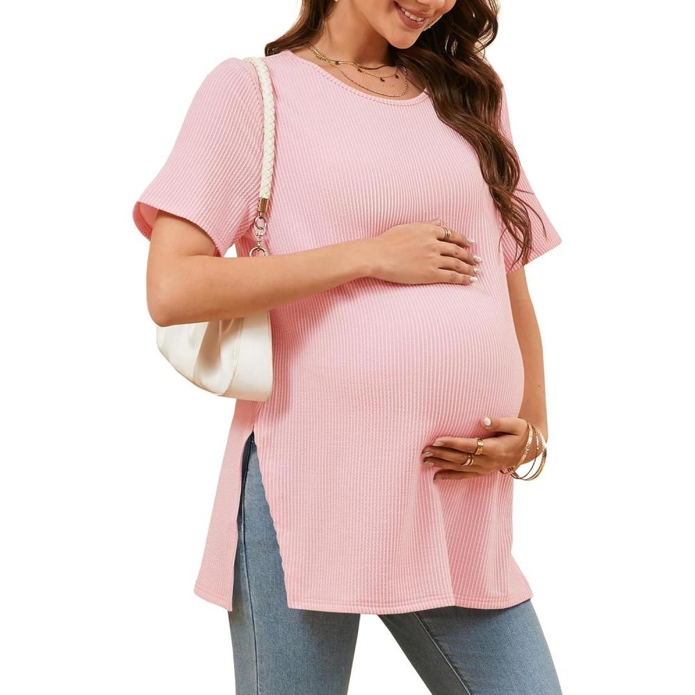 imageTankaneo Womens Maternity T Shirts Summer Ribbed Short Sleeve Tunic Tops Textured Side Split Tee Pregnancy ClothesPink