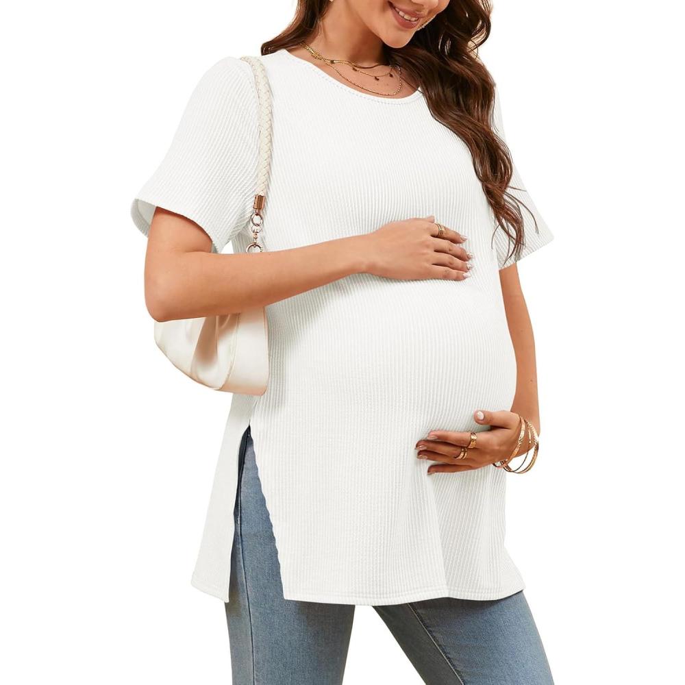 imageTankaneo Womens Maternity T Shirts Summer Ribbed Short Sleeve Tunic Tops Textured Side Split Tee Pregnancy ClothesWhite