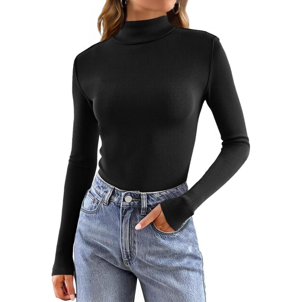 imageTankaneo Womens Mock Turtle Neck Tops Long Sleeve Slim Fitted Shirts Ribbed Knit Basic Tees Thermal ShirtsBlack