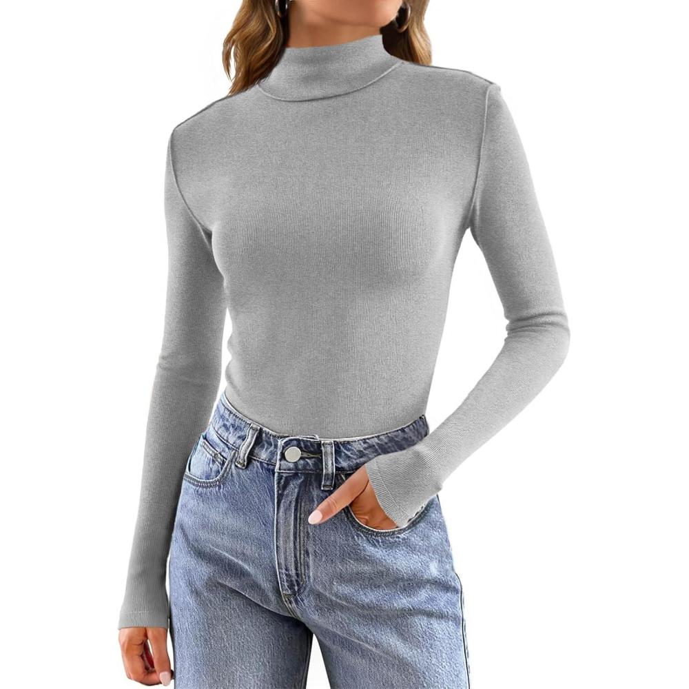 imageTankaneo Womens Mock Turtle Neck Tops Long Sleeve Slim Fitted Shirts Ribbed Knit Basic Tees Thermal ShirtsGrey