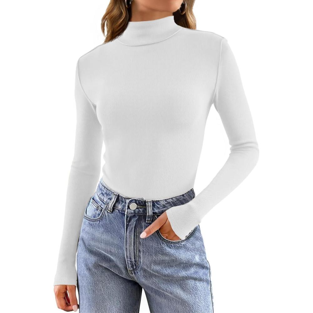 imageTankaneo Womens Mock Turtle Neck Tops Long Sleeve Slim Fitted Shirts Ribbed Knit Basic Tees Thermal ShirtsWhite