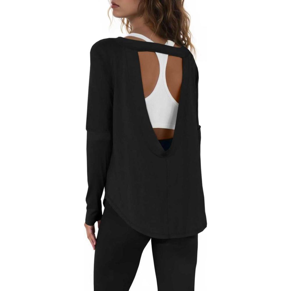 imageTankaneo Womens Open Back Workout Shirts Casual Long Sleeve Boat Neck Tops Athletic Gym Yoga Tees with Thumb HolesBlack