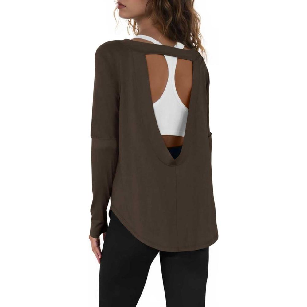 imageTankaneo Womens Open Back Workout Shirts Casual Long Sleeve Boat Neck Tops Athletic Gym Yoga Tees with Thumb HolesCoffee