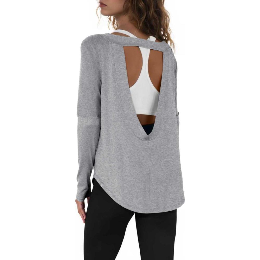 imageTankaneo Womens Open Back Workout Shirts Casual Long Sleeve Boat Neck Tops Athletic Gym Yoga Tees with Thumb HolesGrey