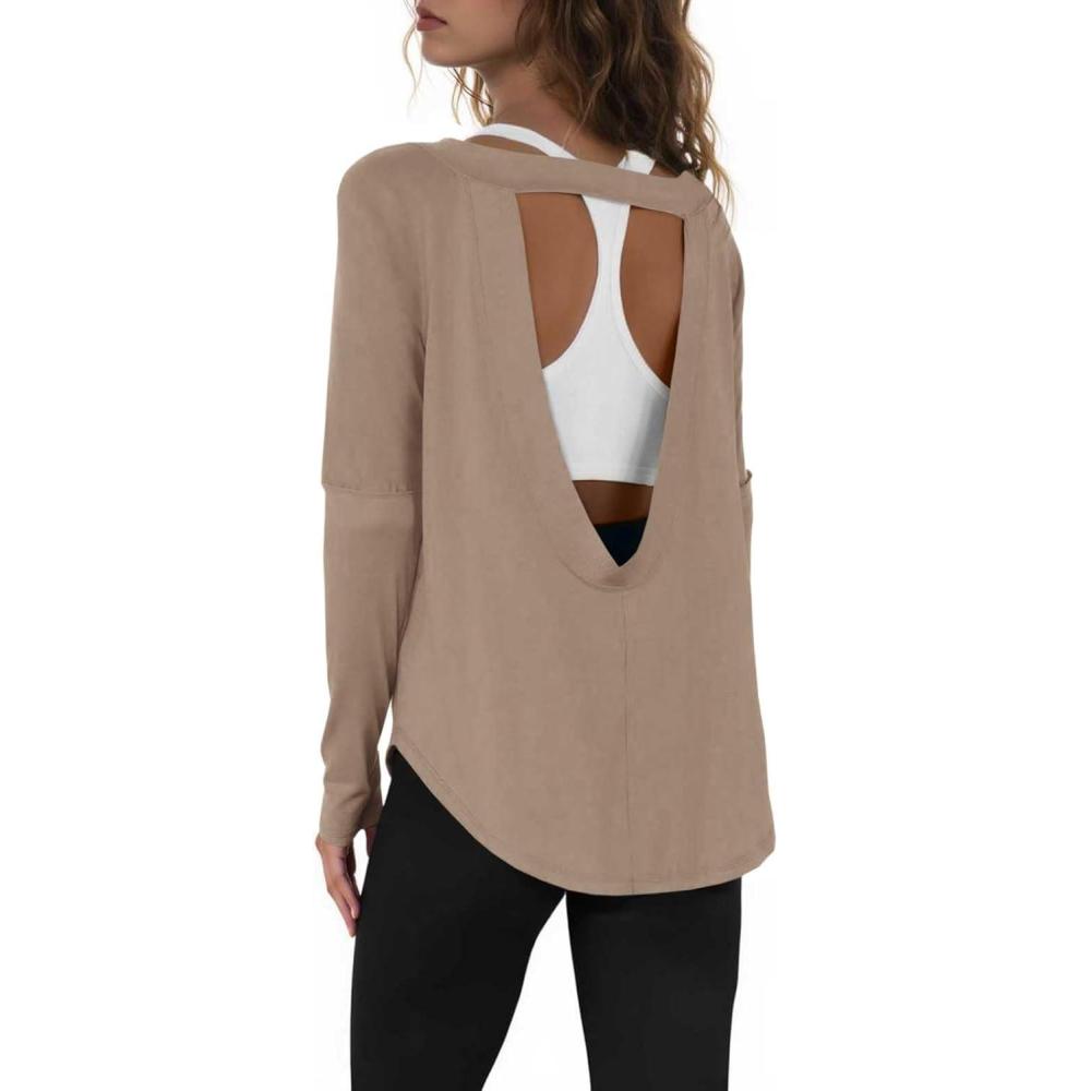 imageTankaneo Womens Open Back Workout Shirts Casual Long Sleeve Boat Neck Tops Athletic Gym Yoga Tees with Thumb HolesKhaki