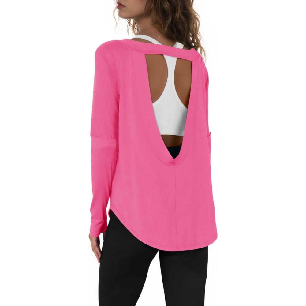 imageTankaneo Womens Open Back Workout Shirts Casual Long Sleeve Boat Neck Tops Athletic Gym Yoga Tees with Thumb HolesPink