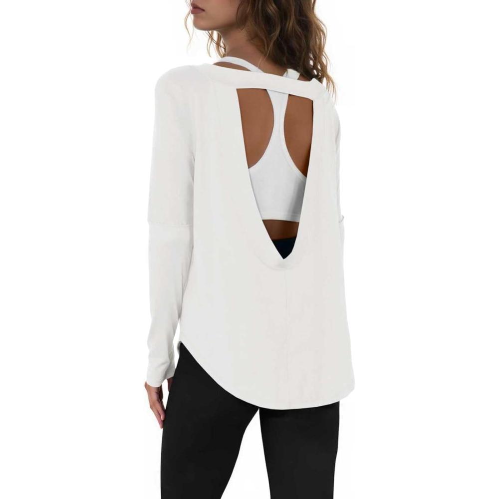 imageTankaneo Womens Open Back Workout Shirts Casual Long Sleeve Boat Neck Tops Athletic Gym Yoga Tees with Thumb HolesWhite