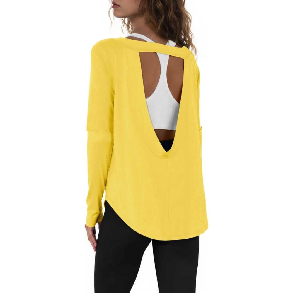 imageTankaneo Womens Open Back Workout Shirts Casual Long Sleeve Boat Neck Tops Athletic Gym Yoga Tees with Thumb HolesYellow