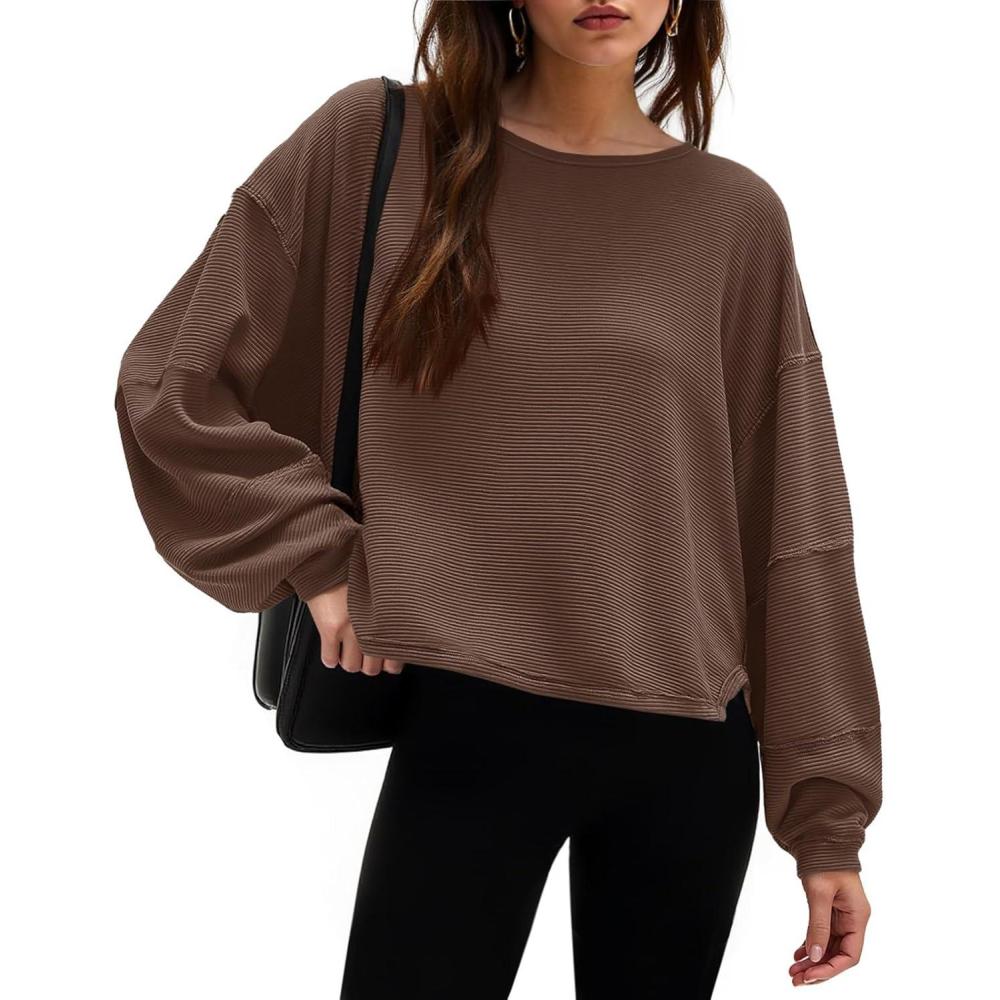imageTankaneo Womens Oversized Cropped T Shirts Ribbed Slit Sweatshirt Long Sleeve Pullover Tops Casual Loose Fit Boxy Tee ShirtCoffee
