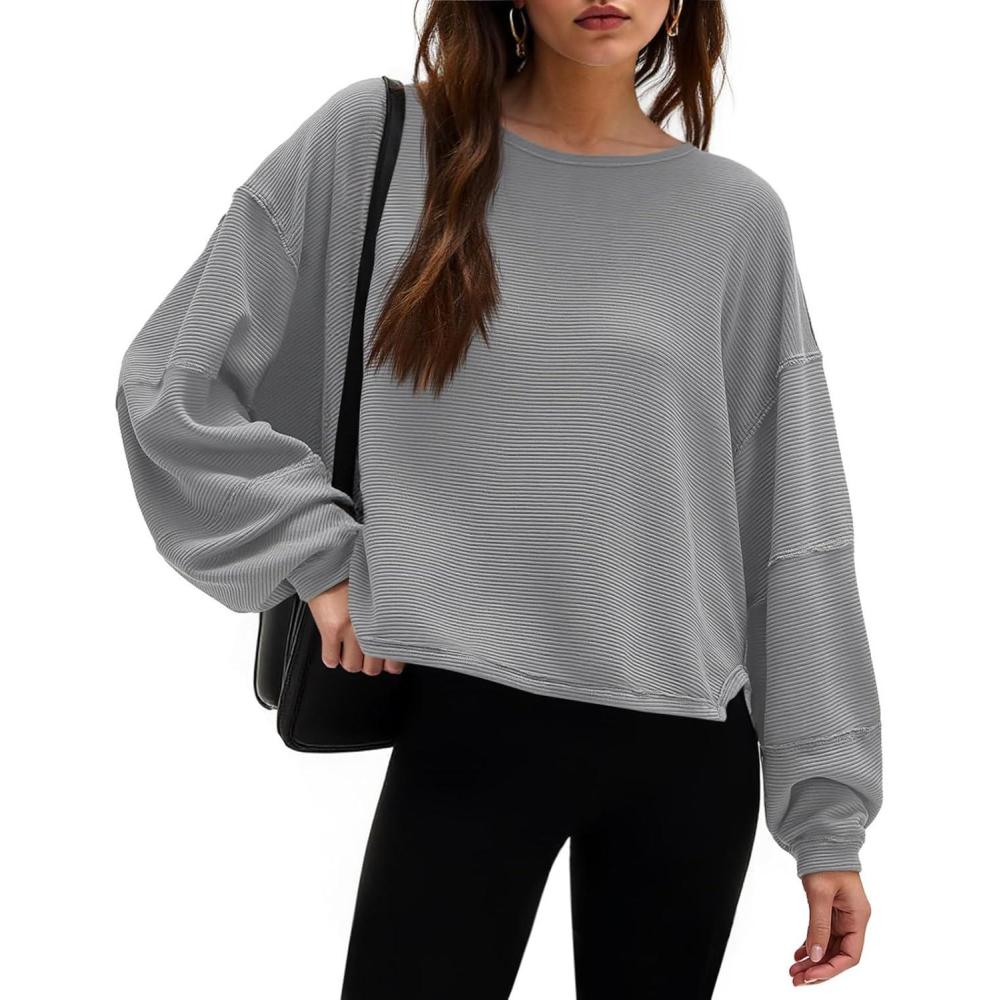 imageTankaneo Womens Oversized Cropped T Shirts Ribbed Slit Sweatshirt Long Sleeve Pullover Tops Casual Loose Fit Boxy Tee ShirtGrey