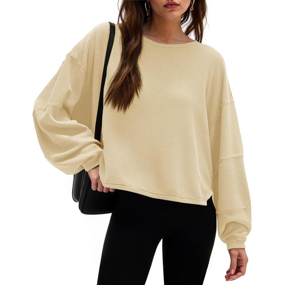 imageTankaneo Womens Oversized Cropped T Shirts Ribbed Slit Sweatshirt Long Sleeve Pullover Tops Casual Loose Fit Boxy Tee ShirtLight Yellow