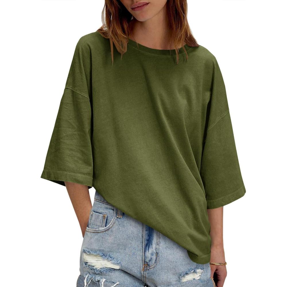 imageTankaneo Womens Oversized Half Sleeve TShirts Summer Casual Crew Neck Tunic Tops Loose Fit Boxy Basic TeesArmy Green