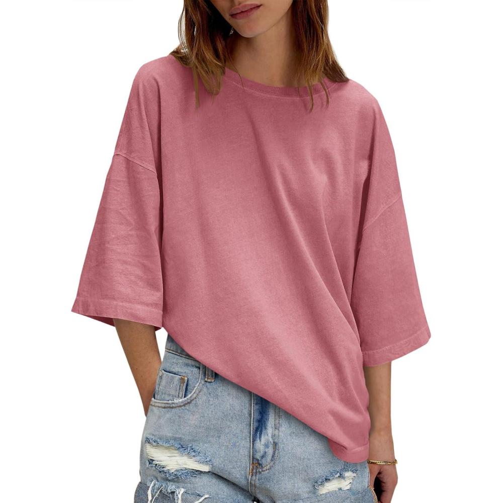 imageTankaneo Womens Oversized Half Sleeve TShirts Summer Casual Crew Neck Tunic Tops Loose Fit Boxy Basic TeesBean Paste Color