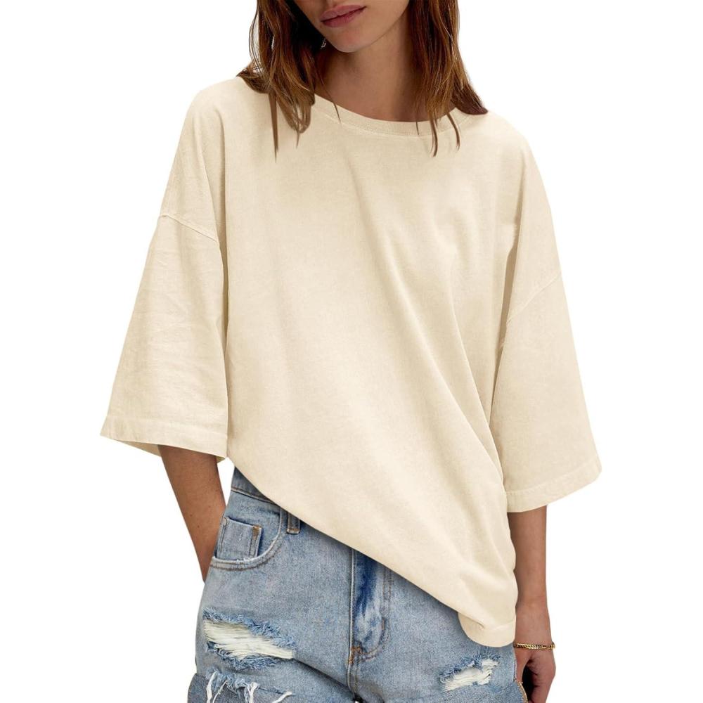 imageTankaneo Womens Oversized Half Sleeve TShirts Summer Casual Crew Neck Tunic Tops Loose Fit Boxy Basic TeesBeige
