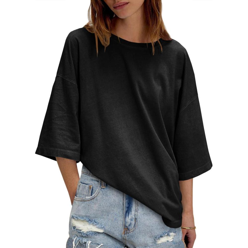 imageTankaneo Womens Oversized Half Sleeve TShirts Summer Casual Crew Neck Tunic Tops Loose Fit Boxy Basic TeesBlack