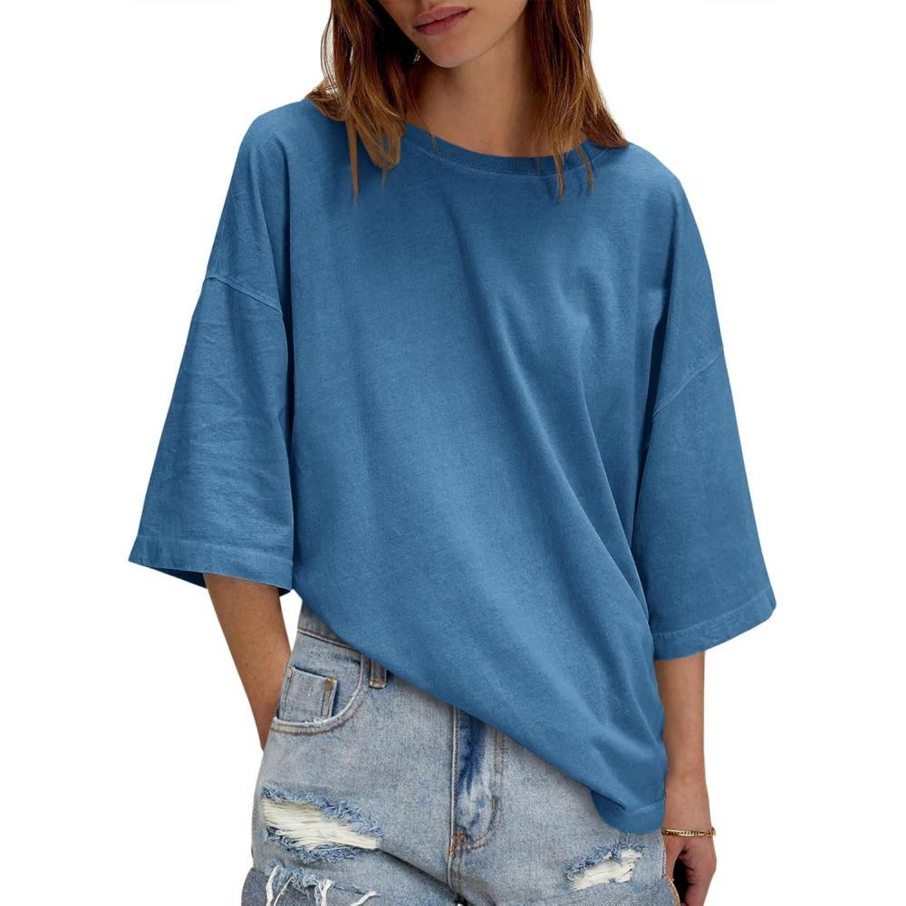 imageTankaneo Womens Oversized Half Sleeve TShirts Summer Casual Crew Neck Tunic Tops Loose Fit Boxy Basic TeesBlue