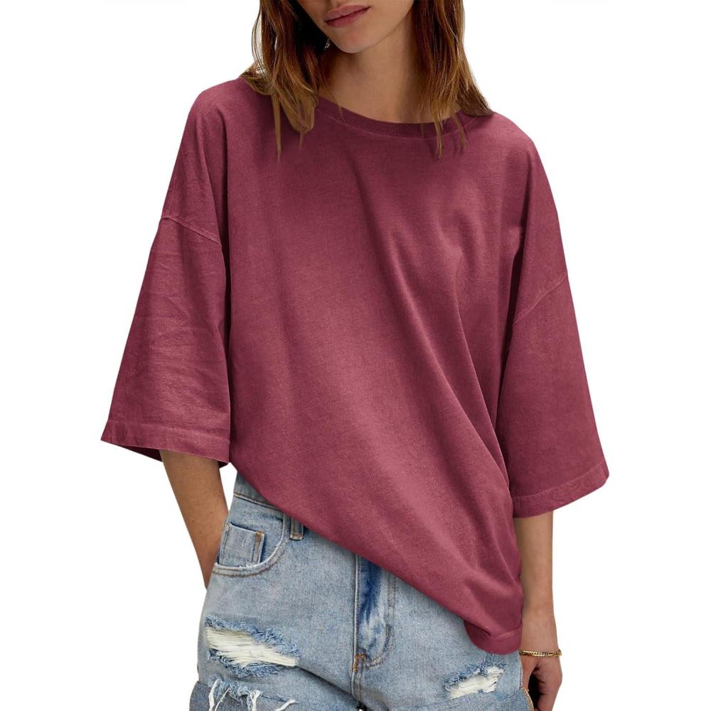 imageTankaneo Womens Oversized Half Sleeve TShirts Summer Casual Crew Neck Tunic Tops Loose Fit Boxy Basic TeesBurgundy