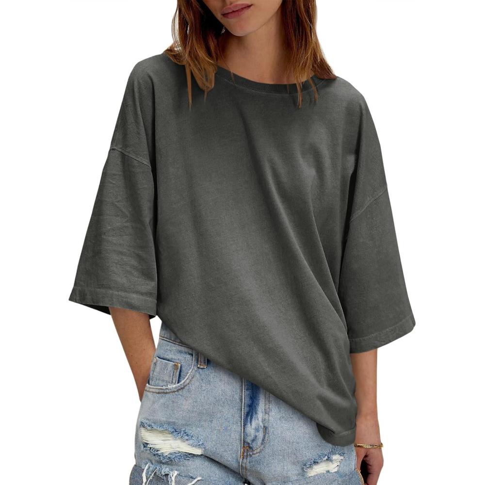 imageTankaneo Womens Oversized Half Sleeve TShirts Summer Casual Crew Neck Tunic Tops Loose Fit Boxy Basic TeesDark Grey