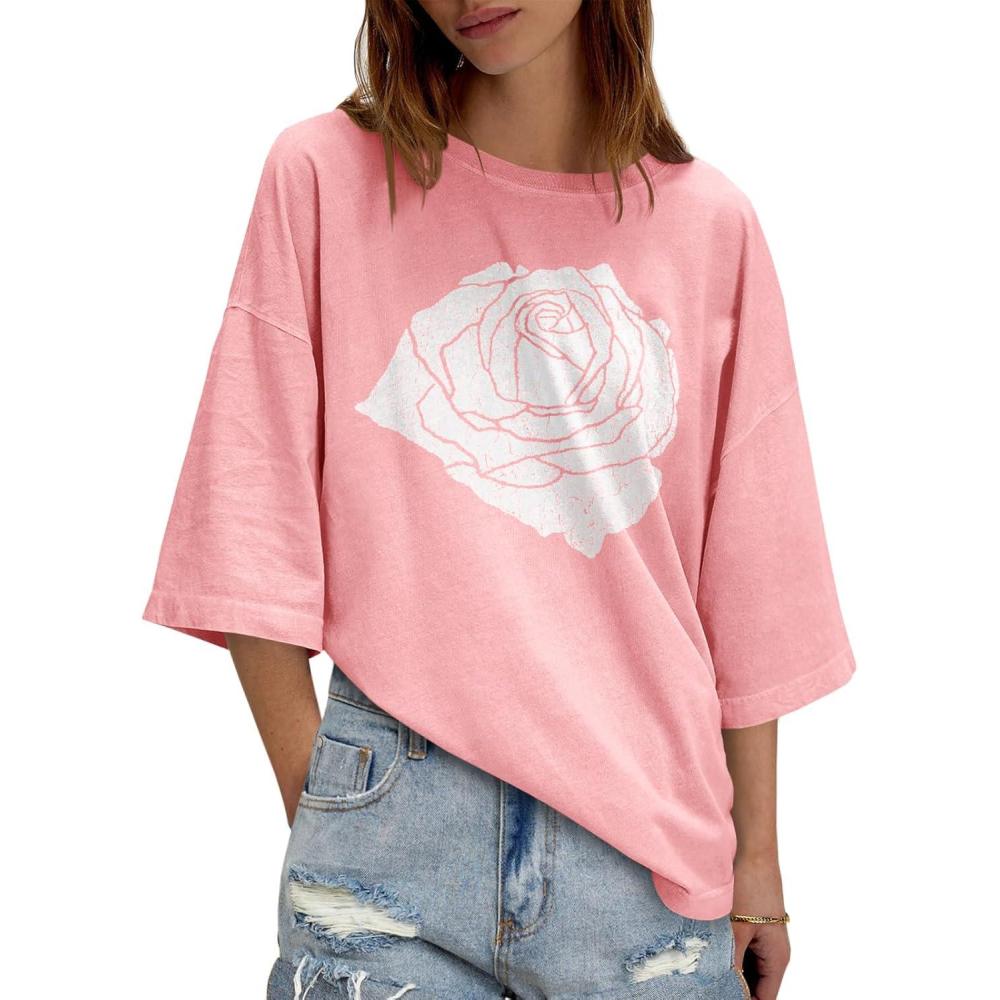 imageTankaneo Womens Oversized Half Sleeve TShirts Summer Casual Crew Neck Tunic Tops Loose Fit Boxy Basic TeesFloralpink