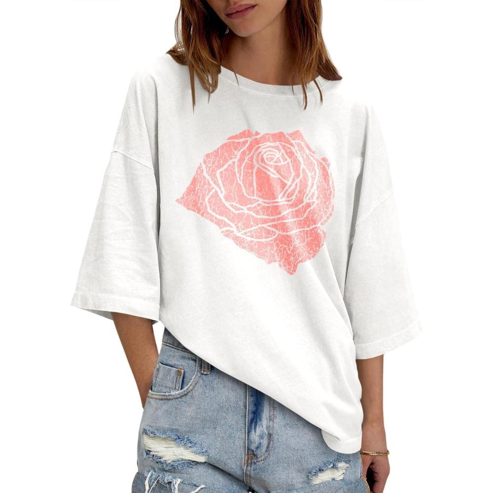 imageTankaneo Womens Oversized Half Sleeve TShirts Summer Casual Crew Neck Tunic Tops Loose Fit Boxy Basic TeesFloralwhite