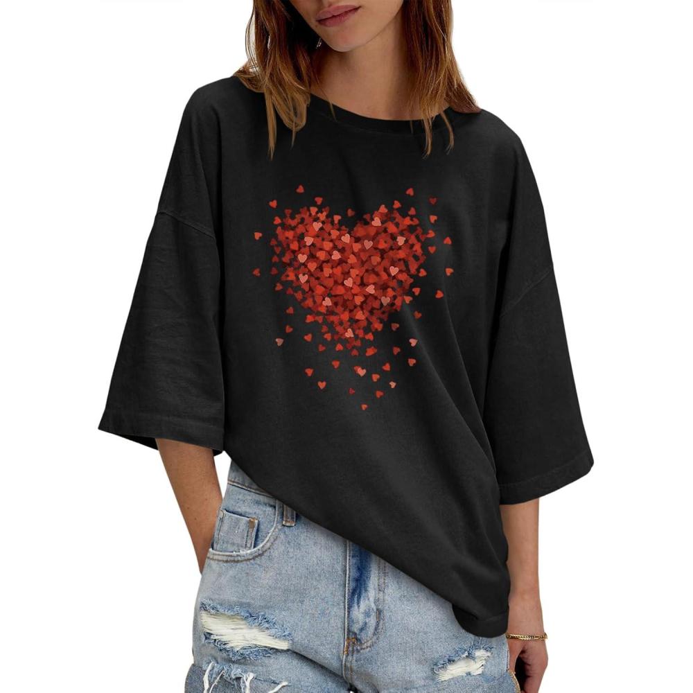 imageTankaneo Womens Oversized Half Sleeve TShirts Summer Casual Crew Neck Tunic Tops Loose Fit Boxy Basic TeesHeartblack