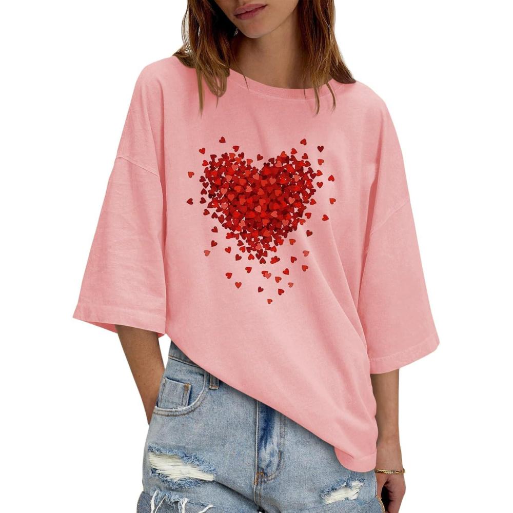imageTankaneo Womens Oversized Half Sleeve TShirts Summer Casual Crew Neck Tunic Tops Loose Fit Boxy Basic TeesHeartpink
