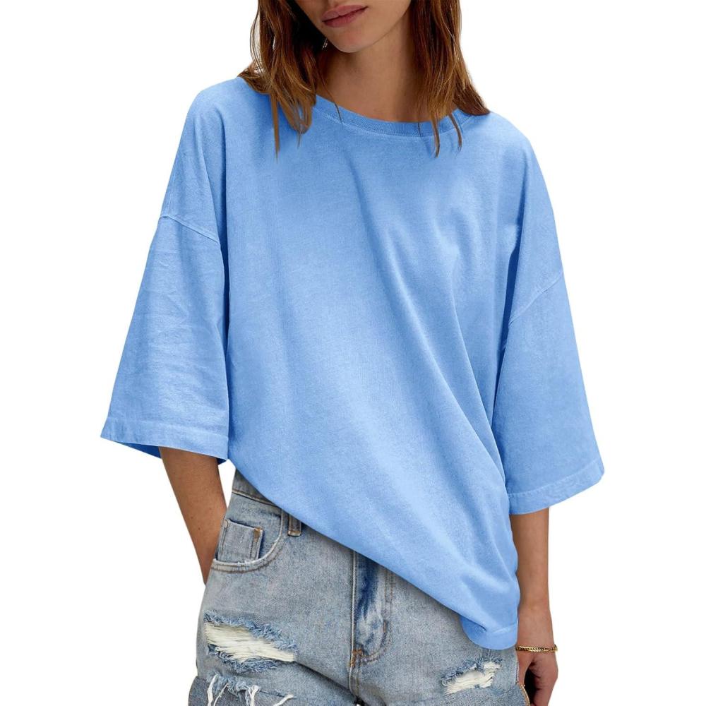 imageTankaneo Womens Oversized Half Sleeve TShirts Summer Casual Crew Neck Tunic Tops Loose Fit Boxy Basic TeesLight Blue
