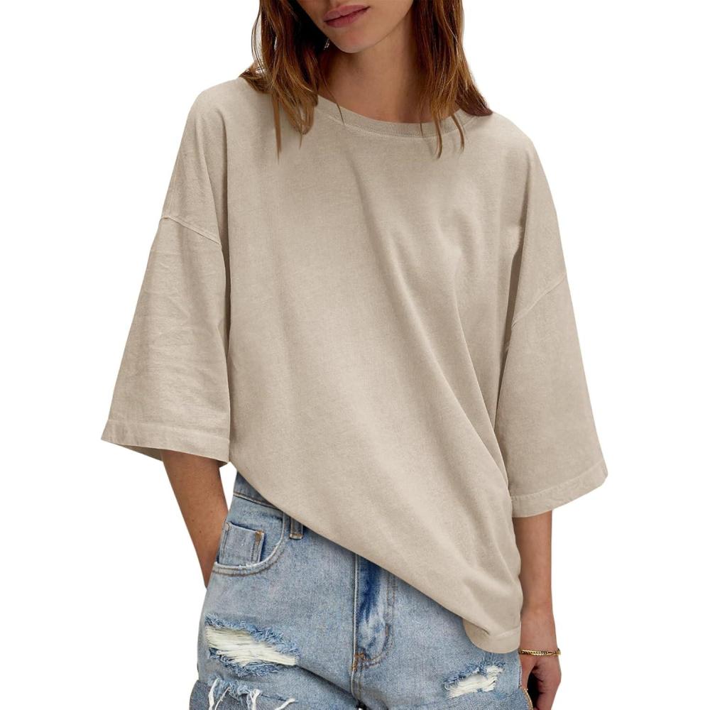 imageTankaneo Womens Oversized Half Sleeve TShirts Summer Casual Crew Neck Tunic Tops Loose Fit Boxy Basic TeesLight Khaki