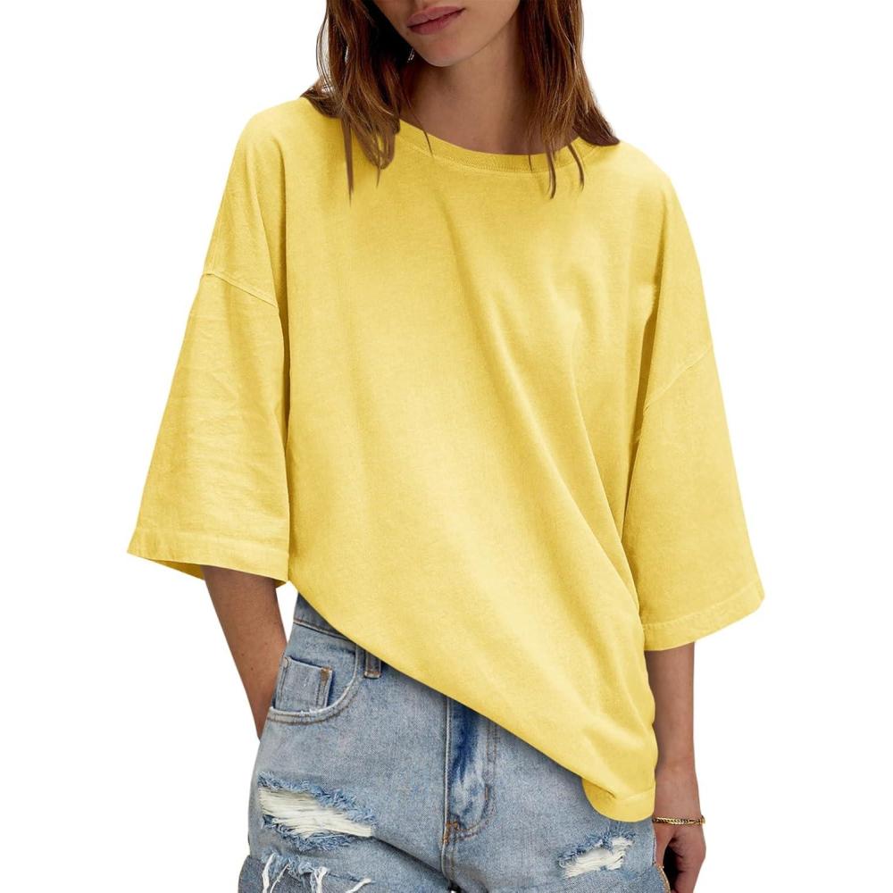 imageTankaneo Womens Oversized Half Sleeve TShirts Summer Casual Crew Neck Tunic Tops Loose Fit Boxy Basic TeesLight Yellow
