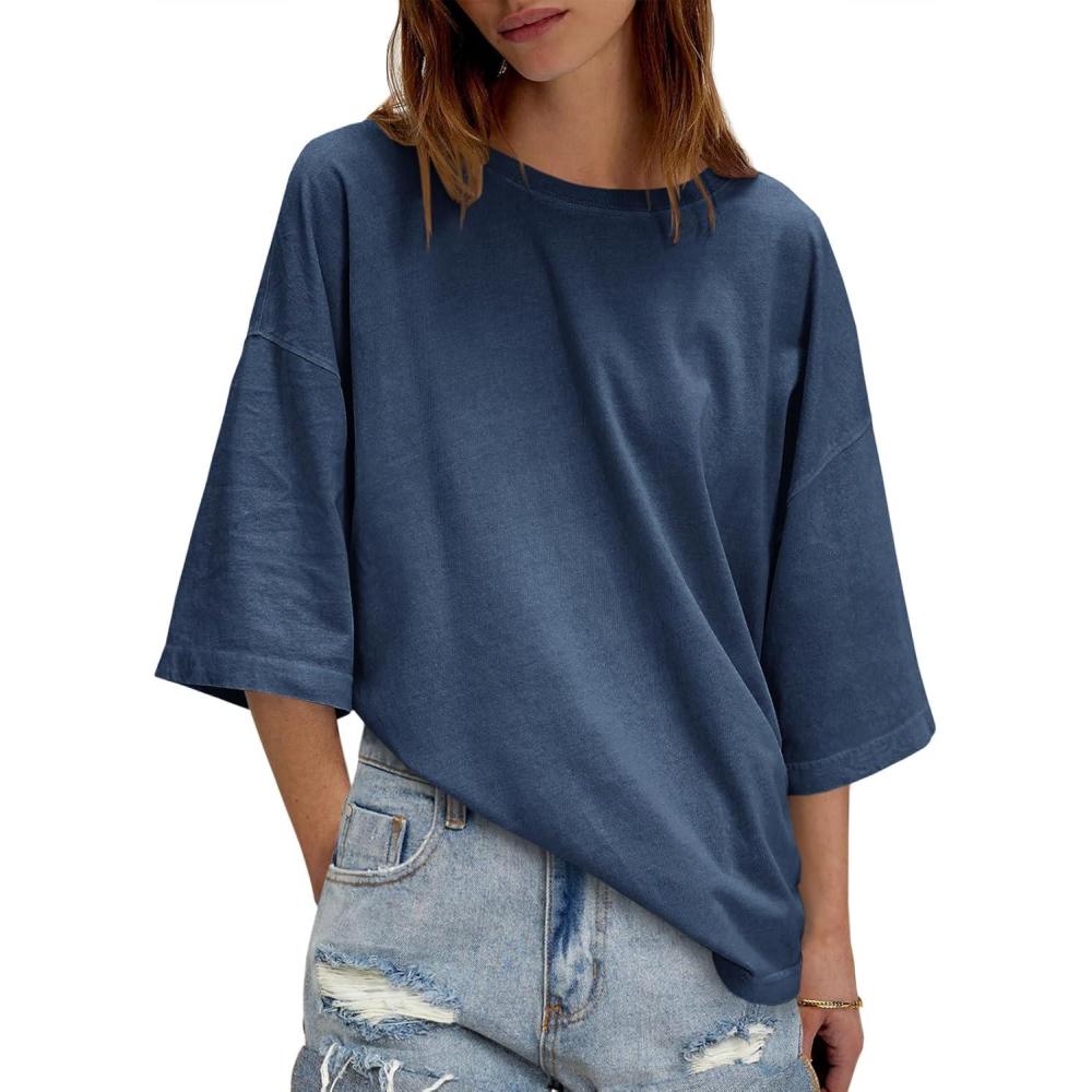imageTankaneo Womens Oversized Half Sleeve TShirts Summer Casual Crew Neck Tunic Tops Loose Fit Boxy Basic TeesNavy