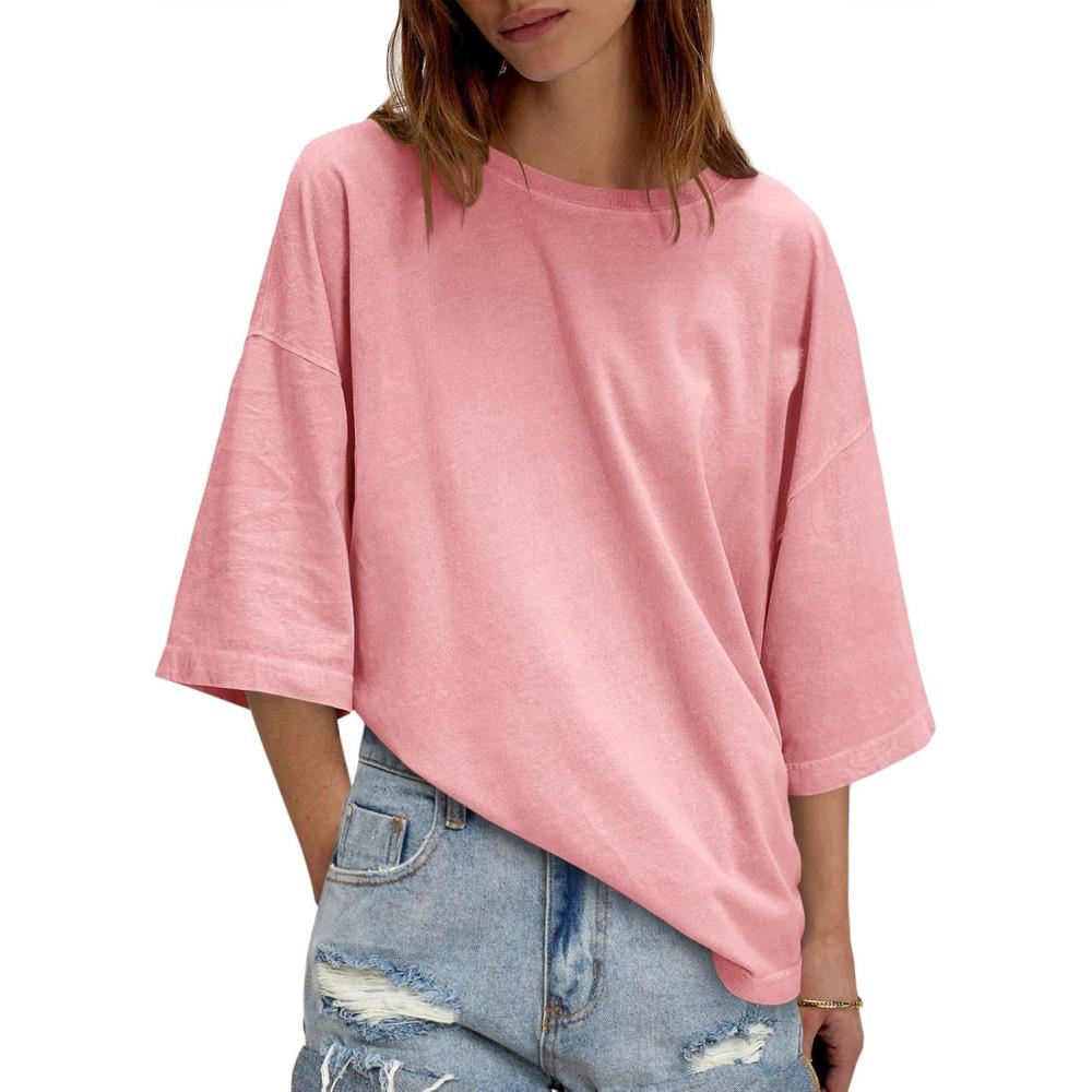 imageTankaneo Womens Oversized Half Sleeve TShirts Summer Casual Crew Neck Tunic Tops Loose Fit Boxy Basic TeesPink