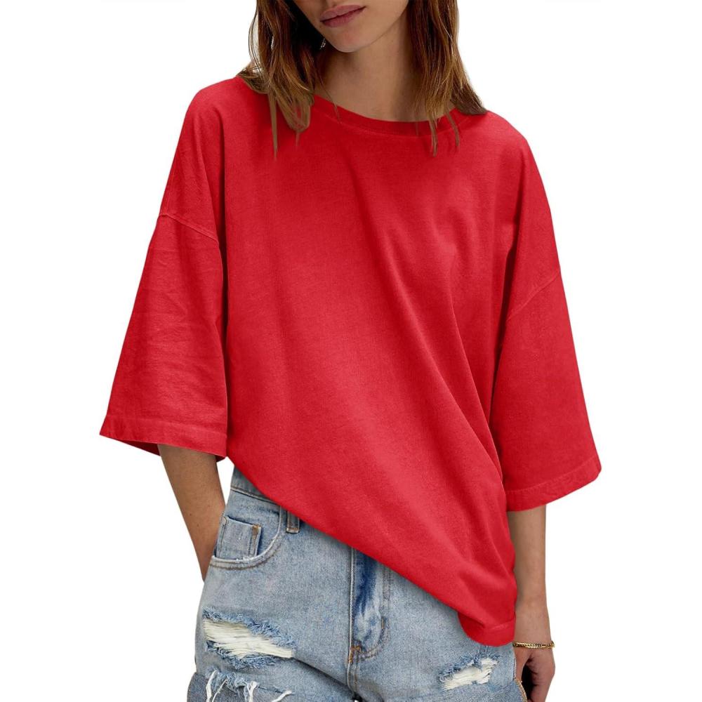 imageTankaneo Womens Oversized Half Sleeve TShirts Summer Casual Crew Neck Tunic Tops Loose Fit Boxy Basic TeesRed
