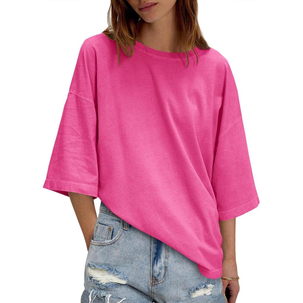 imageTankaneo Womens Oversized Half Sleeve TShirts Summer Casual Crew Neck Tunic Tops Loose Fit Boxy Basic TeesRose Red