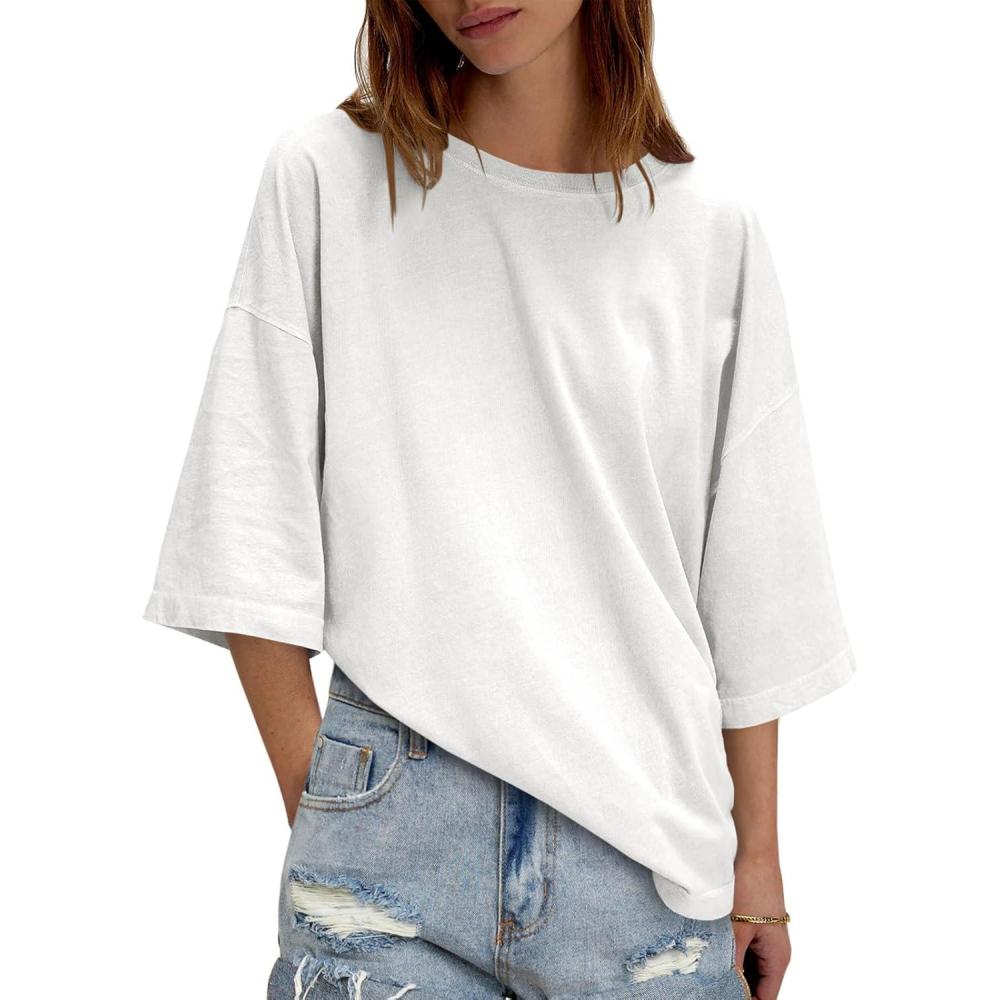 imageTankaneo Womens Oversized Half Sleeve TShirts Summer Casual Crew Neck Tunic Tops Loose Fit Boxy Basic TeesWhite