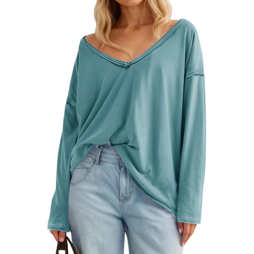 imageTankaneo Womens Oversized Long Sleeve Shirts Deep V Neck Fall Tops Casual Loose Fit Tunic Basic TeesBlue Green