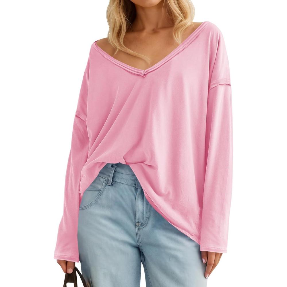 imageTankaneo Womens Oversized Long Sleeve Shirts Deep V Neck Fall Tops Casual Loose Fit Tunic Basic TeesPink