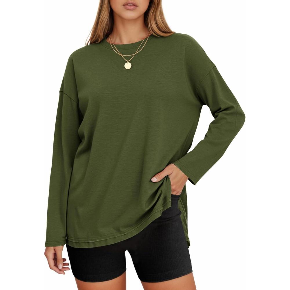 imageTankaneo Womens Oversized Long Sleeve T Shirts 2025 Crewneck Basic Tee Loose Fit Tunic Tops Casual Fall Workout ClothesArmy Green