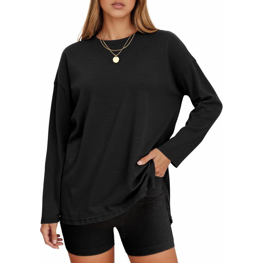 imageTankaneo Womens Oversized Long Sleeve T Shirts 2025 Crewneck Basic Tee Loose Fit Tunic Tops Casual Fall Workout ClothesBlack
