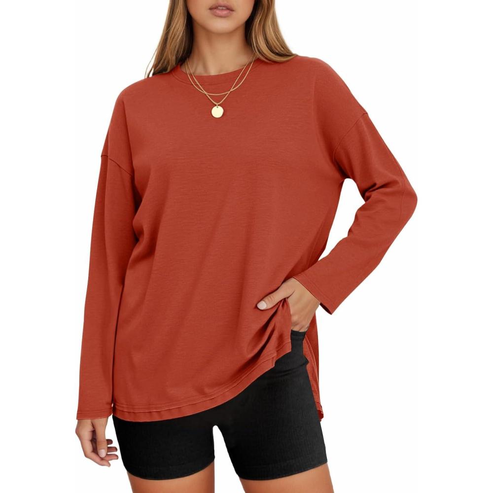 imageTankaneo Womens Oversized Long Sleeve T Shirts 2025 Crewneck Basic Tee Loose Fit Tunic Tops Casual Fall Workout ClothesBrick Red