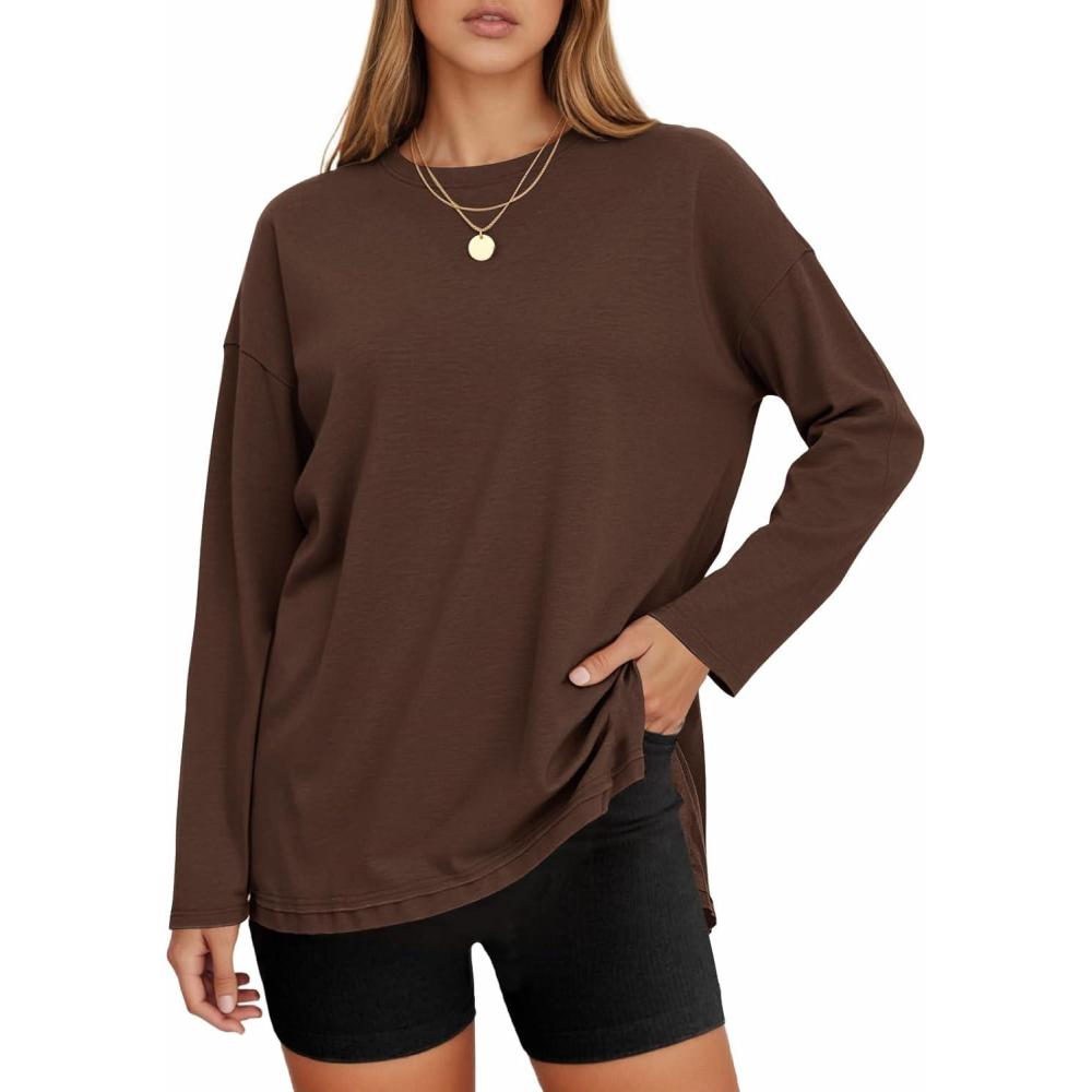 imageTankaneo Womens Oversized Long Sleeve T Shirts 2025 Crewneck Basic Tee Loose Fit Tunic Tops Casual Fall Workout ClothesCoffee