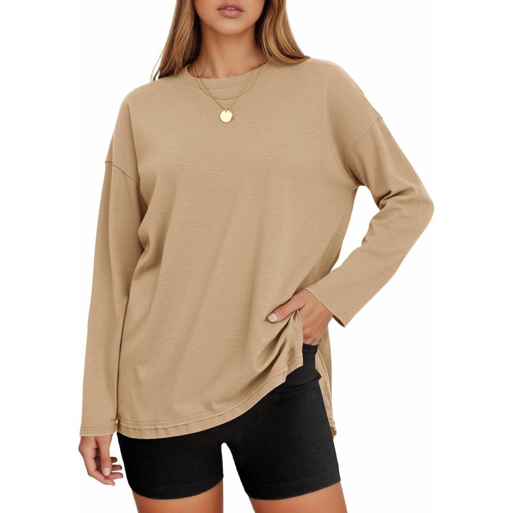 imageTankaneo Womens Oversized Long Sleeve T Shirts 2025 Crewneck Basic Tee Loose Fit Tunic Tops Casual Fall Workout ClothesKhaki