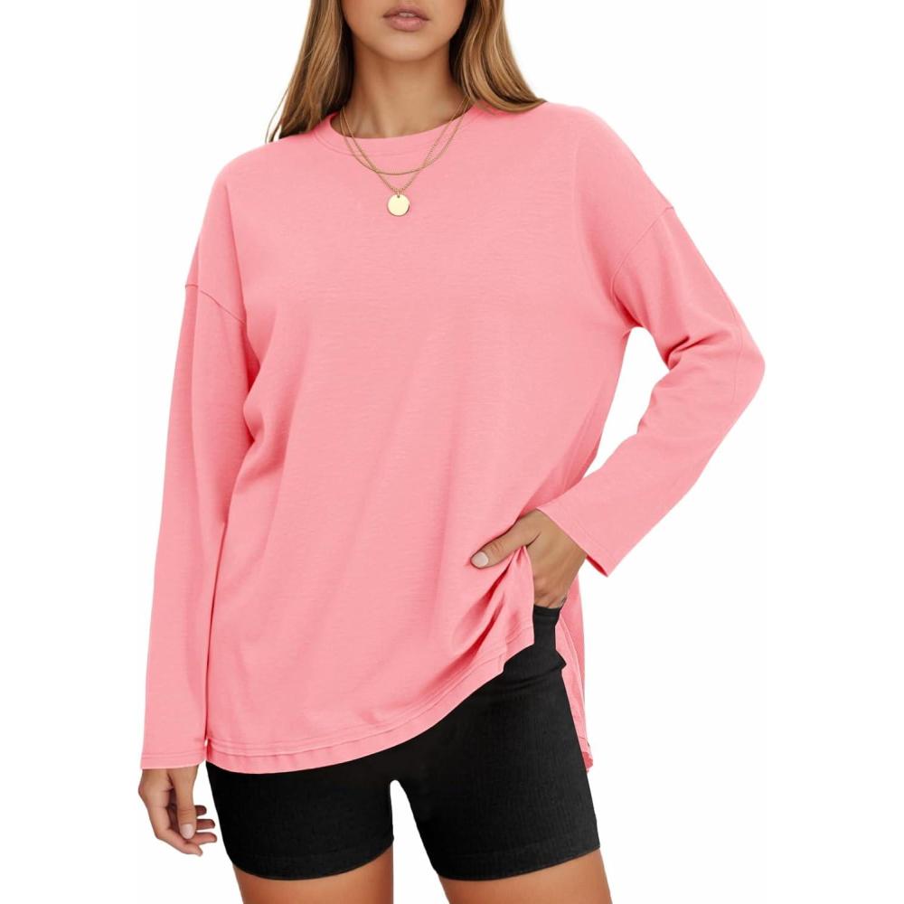 imageTankaneo Womens Oversized Long Sleeve T Shirts 2025 Crewneck Basic Tee Loose Fit Tunic Tops Casual Fall Workout ClothesLight Pink