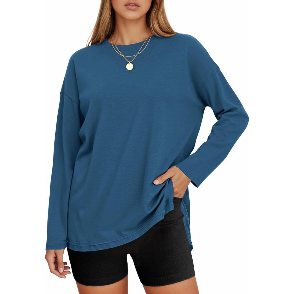 imageTankaneo Womens Oversized Long Sleeve T Shirts 2025 Crewneck Basic Tee Loose Fit Tunic Tops Casual Fall Workout ClothesNavy