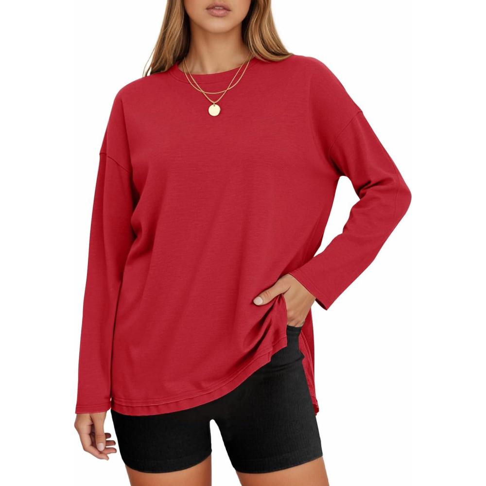 imageTankaneo Womens Oversized Long Sleeve T Shirts 2025 Crewneck Basic Tee Loose Fit Tunic Tops Casual Fall Workout ClothesRed