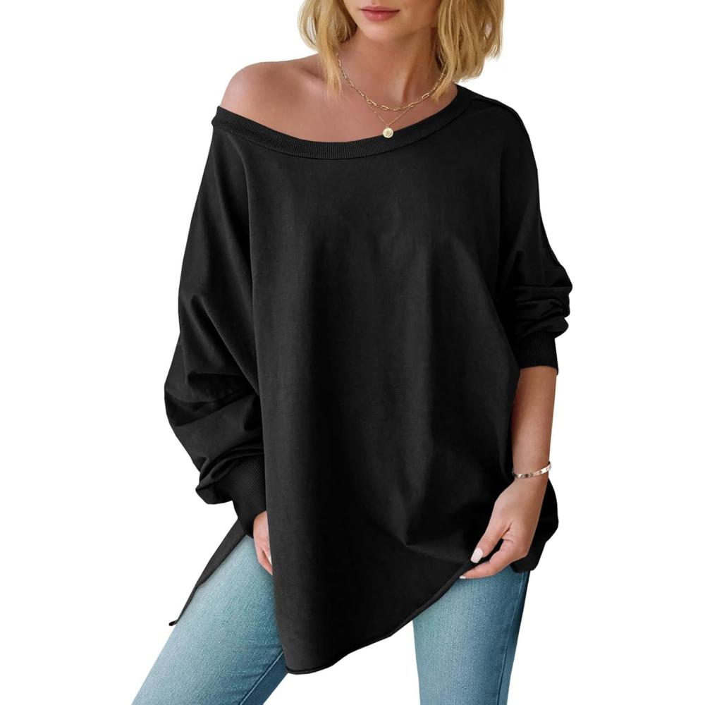 imageTankaneo Womens Oversized Off The Shoulder Tops Long Sleeve Trendy Casual TShirts Side Slit Loose Fit Tunic ShirtsBlack