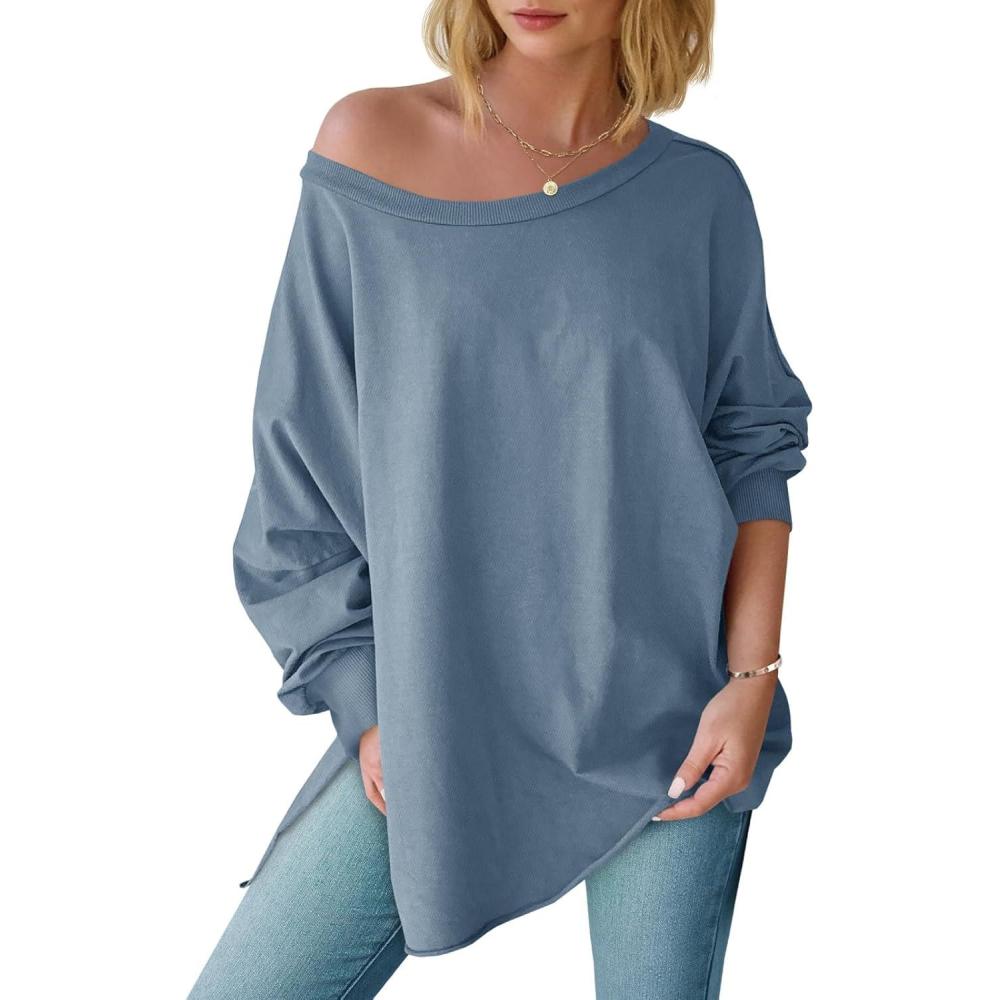 imageTankaneo Womens Oversized Off The Shoulder Tops Long Sleeve Trendy Casual TShirts Side Slit Loose Fit Tunic ShirtsBlue Grey